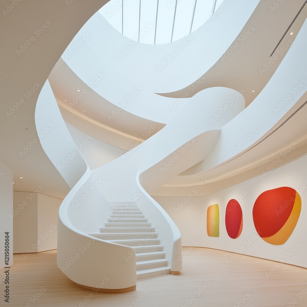 Poster Futuristic Spiral Staircase Smooth White Curves in Contemporary Campus Design - Urban Development and Tech Innovation for Progressive Educational Spaces