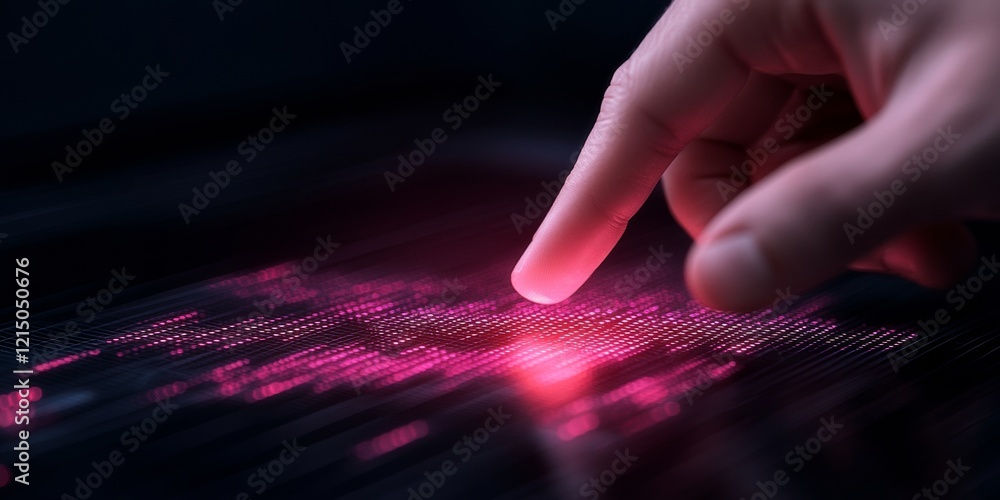 Poster Holographic Interaction Finger Touch on Digital Display with Neon Matrix - Modern Tech Content and Business Innovation in Interactive Workspaces