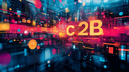 "C2B" written over a background of consumer products and technology icons blending seamlessly. Bright lighting, contrast