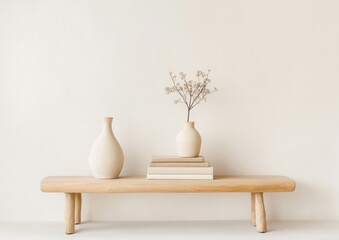 Scandinavian-Korean Minimalism Modern Shelving with Ceramic Vases and Neutral Books for Zen Interiors and Calming Workspace Design