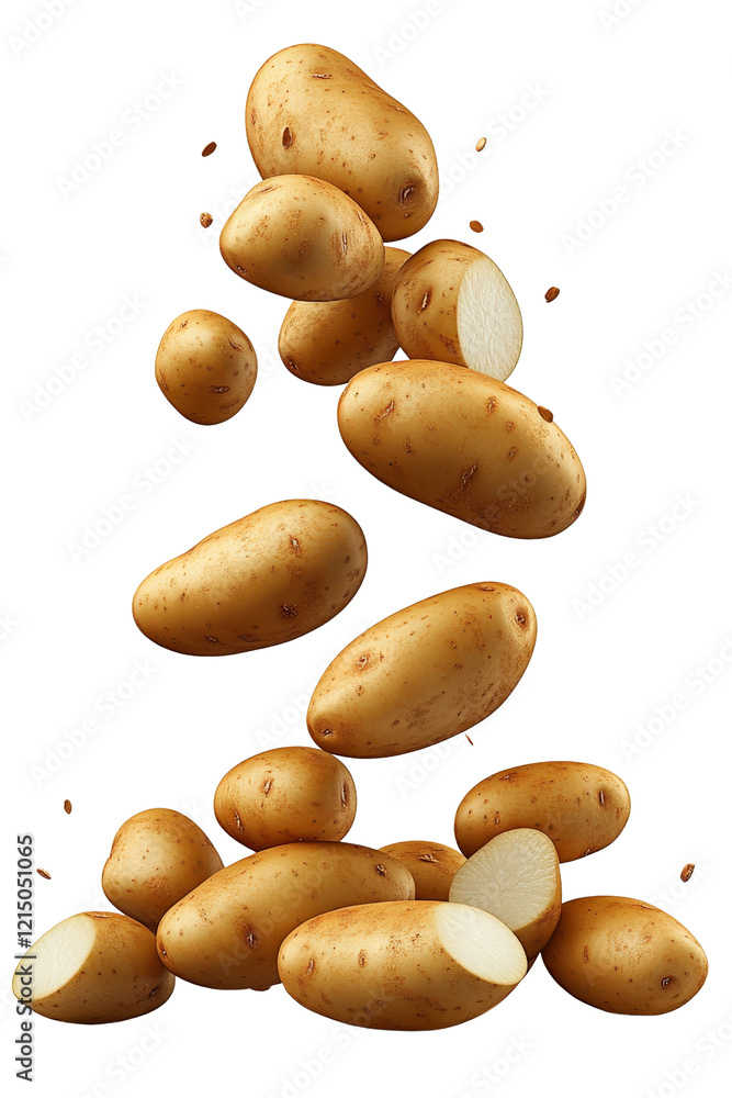 Poster pile of potatoes falling into the air against a neutral background capturing dynamic motion and fres