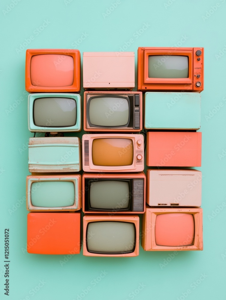 Poster retro tech visuals pop art television array with musical symbols on pastel background - engaging con