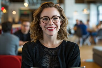 A young Caucasian woman with curly hair and glasses smiles warmly, seated in a modern cafe filled with people and bright, inviting decor. entrepreneur corporate leader manager