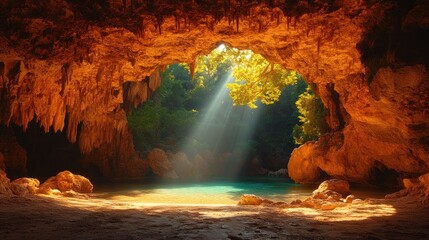 Sunlight penetrates a cave entrance illuminating a turquoise pool and surrounding greenery