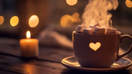 A cozy evening scene featuring a steaming mug of hot chocolate with marshmallows and a heart shaped cutout on a wood table