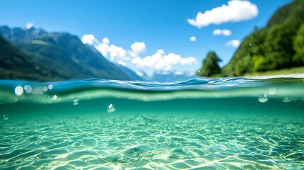Fototapeta premium Crystal Clear Waters with Blue Sky and Lush Green Mountains