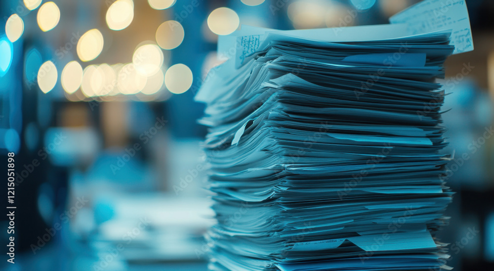Poster a large stack of papers with handwritten notes sits on a desk in a vibrant workspace, illuminated by