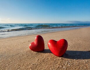 Fototapeta premium Two Red Heart-Shaped Stones on the Sandy Beach, Symbolizing Love and Connection by the Ocean
