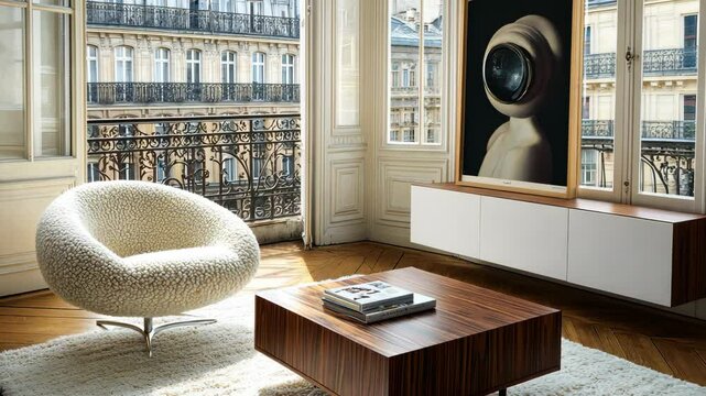 Elegant interior design showcasing modern furniture and artwork in a bright Parisian apartment
