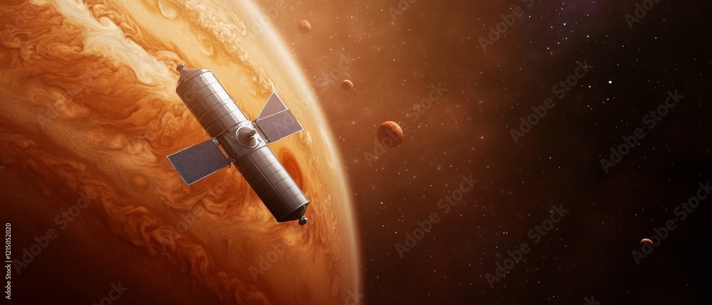 Poster Futuristic Space Probe Sleek Metallic Satellite Orbiting Jupiters Atmospheric Swirls Tech Innovation and Astrophysics for Advanced Research Visualization