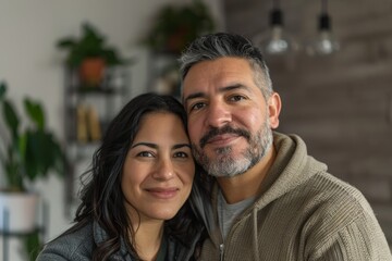 Portrait of a happy latino couple in their 30s wearing a thermal fleece pullover in modern minimalist interior