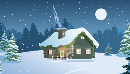 Winter landscape with house, fir trees and snowman. Vector illustration.