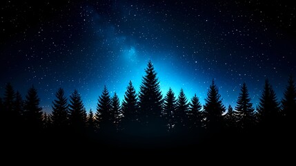 Naklejka premium Starry Night Sky Over Silhouette of Forest Treeline in Blue Light