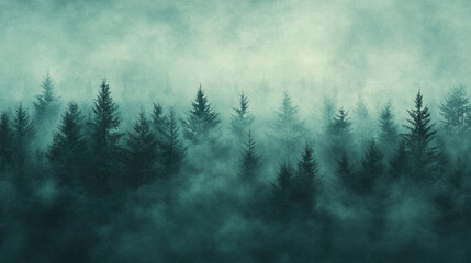 A green forest background with mist and fog, evoking calmness and tranquility, perfect for nature-inspired designs with a minimalistic, bright tone and blurred effects, offering empty space for captio