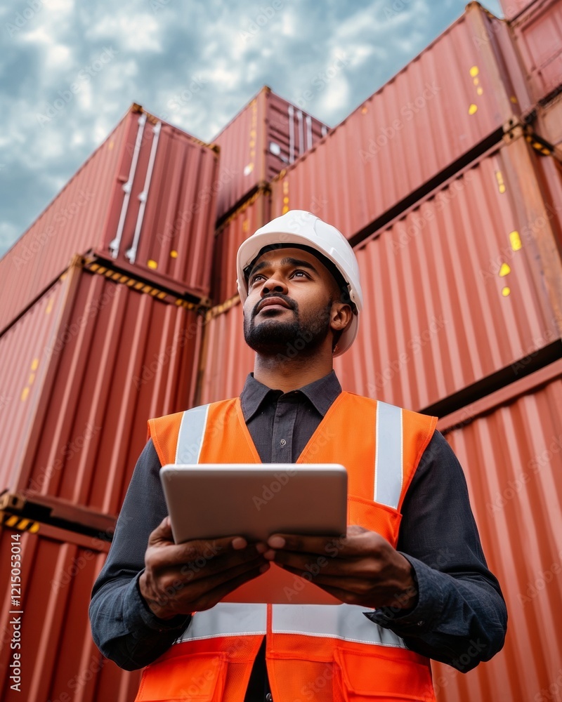 Poster Tech-Driven Port Operations Mid-30s South Asian Dock Worker with Tablet, Safety Gear Against Container Background - Modern Logistics and Digital Workflow Optimization