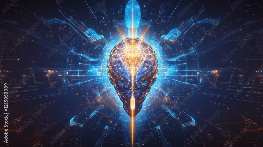 Aufkleber digital brain illuminated within futuristic network