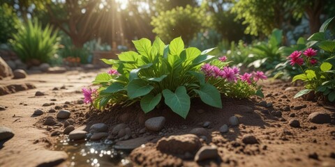 Obraz premium Aptenia cordifolia in a garden with soil and water, aptenia cordifolia, low maintenance