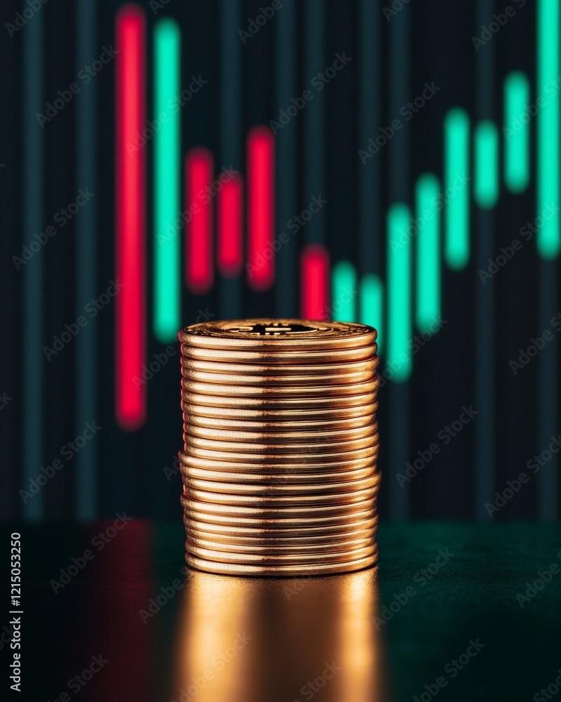 Poster minimalist crypto finance display gold bitcoin coins on reflective surface with market trend screen 