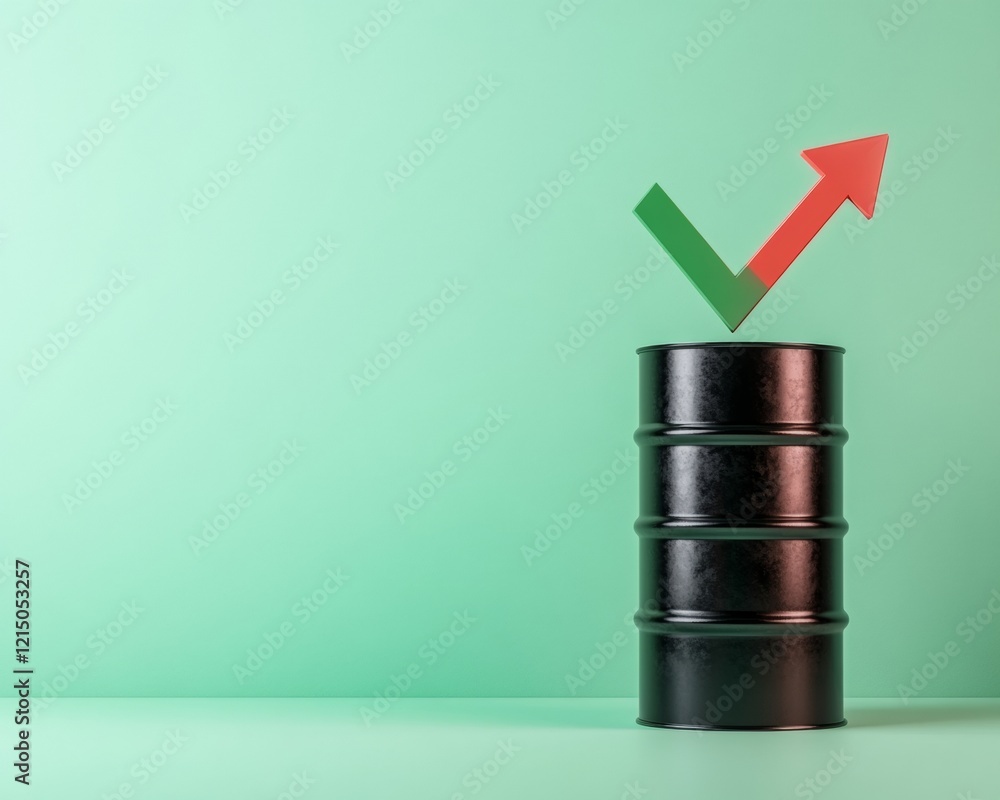 Poster minimalist oil market visualization black barrel on reflective surface with intersecting arrows - mo