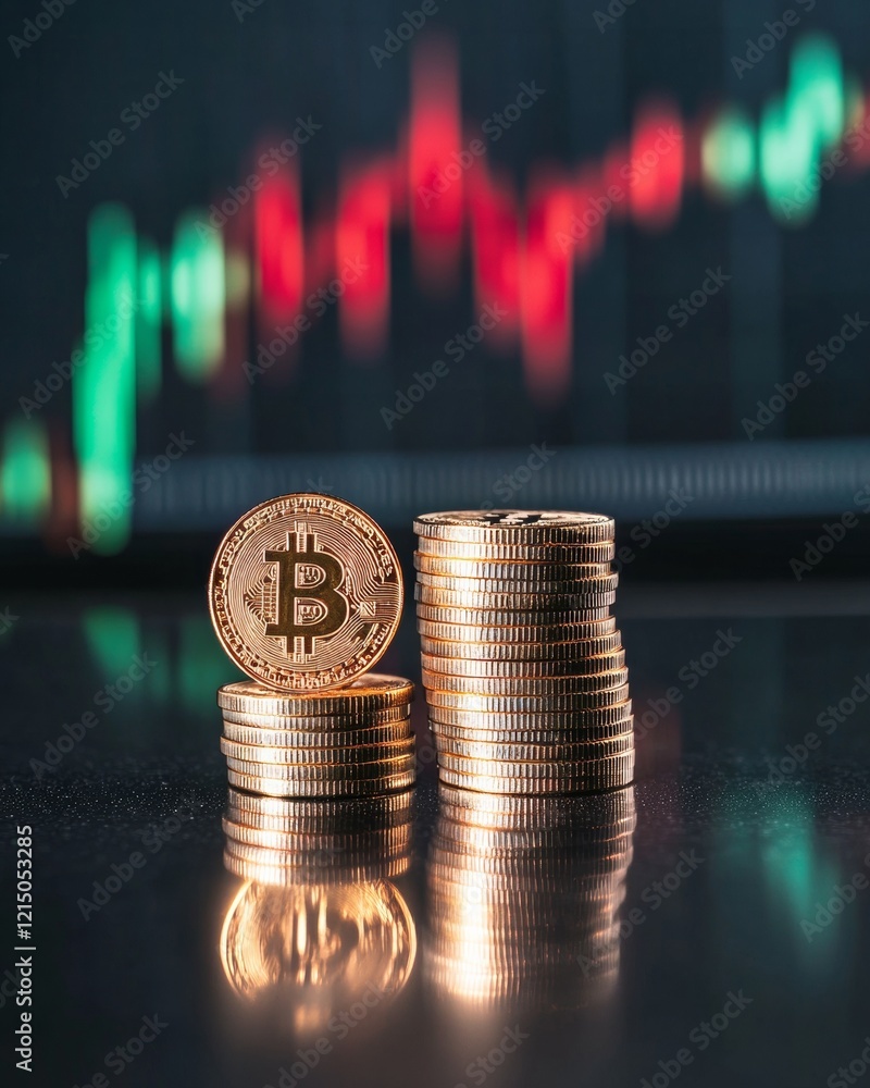 Poster Minimalist Bitcoin Showcase Gold Coin Stack on Reflective Surface - Dynamic Fintech Visuals for Blockchain Trends and Business Strategy Messaging