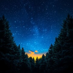Fototapeta premium Tranquil Night Sky Over Forest Silhouette with Stars and Gradient