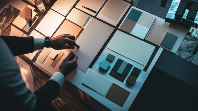 A twilight view of an interior designer creating mood boards for a luxury hotel suite renovation, Hotel suite renovation design scene, Luxury interior design style