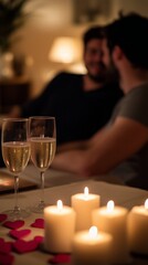 Romantic setting with champagne glasses, candles and heart ornaments and gay couple of two men in the background out of focus