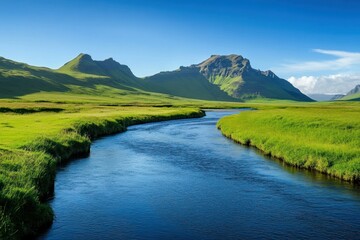 Serene River Flowing Through Green Hills and Mountains