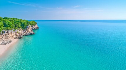 Fototapeta premium Serene Coastal Landscape with Clear Blue Waters and Green Cliffs