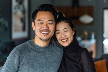 Portrait of a smiling asian couple in their 20s showing off a thermal merino wool top in modern minimalist interior