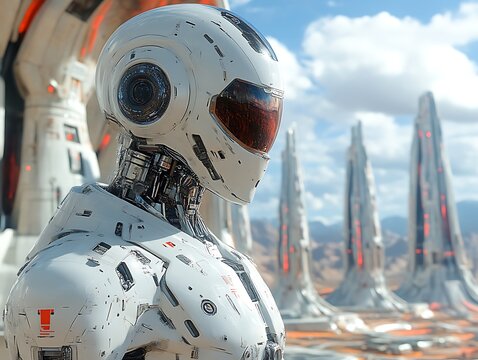 Futuristic robot in desolate alien landscape.