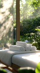 Relaxing spa setting with candles and lush greenery.