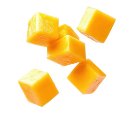 Cubes of butter stacked on a wooden cutting board in a bright kitchen setting isolated on transparent background.