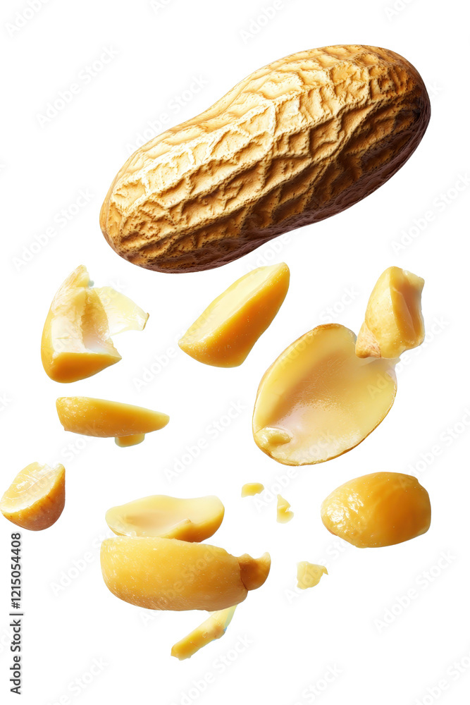 Poster peanut and peeled peanut displayed on a black background in a simple composition isolated on transpa
