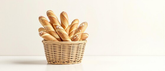 Arrangement of long baguettes in traditional wicker basket, long loaves, picnic essentials