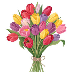 Colorful tulip bouquet fresh flowers isolated on transparent background available as PNG or PSD