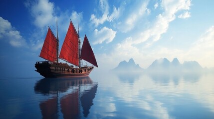 A majestic red sail junk boat navigates serene waters at sunset