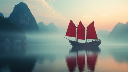 Mystical Voyage: Red Sail Junk Boat Drifting on Misty Waterscape