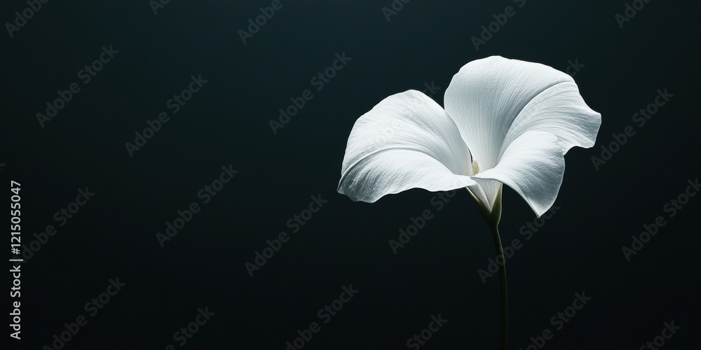 Poster a solitary white flower with soft petals and a slender stem is highlighted against a dark backdrop, 
