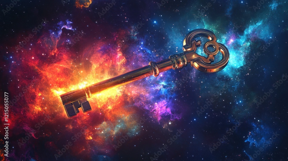 Poster golden key floating in a colorful nebula space background concept