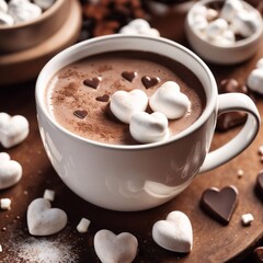A nice, cute cup of cocoa with marshmallow hearts. A cozy, romantic photo