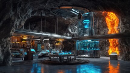 Futuristic Underground Laboratory inside Cave with lava view point