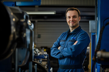 an attractive and confident mechanic in overalls, standing with his arms crossed against the backdrop of cars