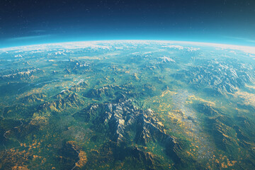 Fototapeta premium Aerial view of a vast mountain range with snow capped peaks under a clear blue sky showcasing natural landscape and geographical features