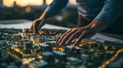 A twilight view of an urban planner reviewing master plans for a sustainable urban redevelopment project, Urban redevelopment planning scene, Sustainable urbanism style
