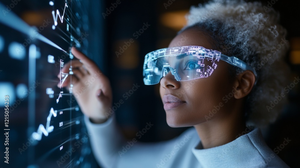 Poster Futuristic Smart Workspace with Interactive AR Diverse Colleagues Engage in Tech-Driven Collaboration in Modern Glass-Walled Office for Business Innovation