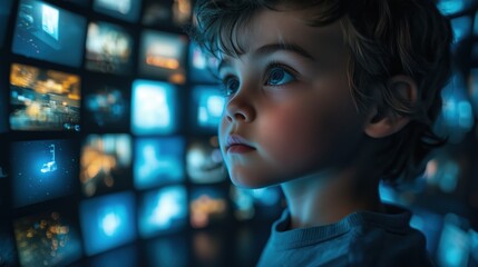 Fototapeta premium a child surrounded by multiple digital screens, each displaying a different image.