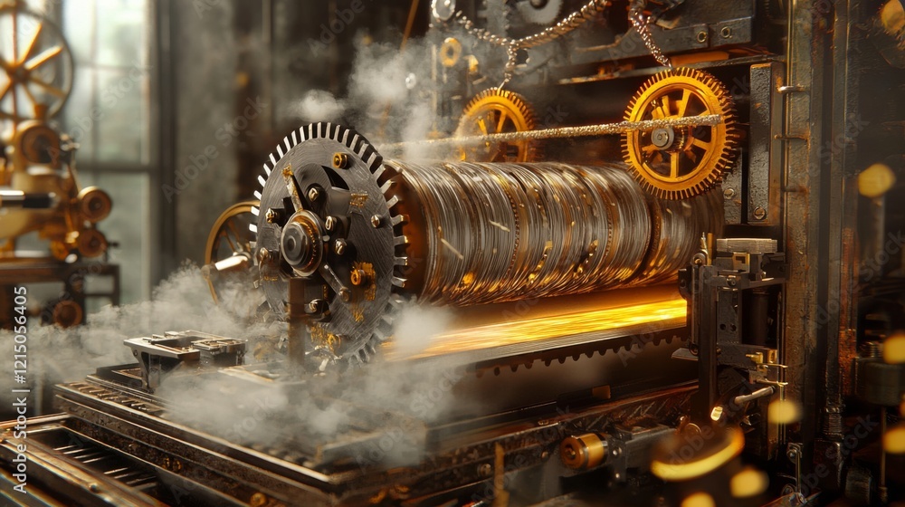 Aufkleber industrial machinery operating with steam and gears in a workshop setting, showcasing intricate mech