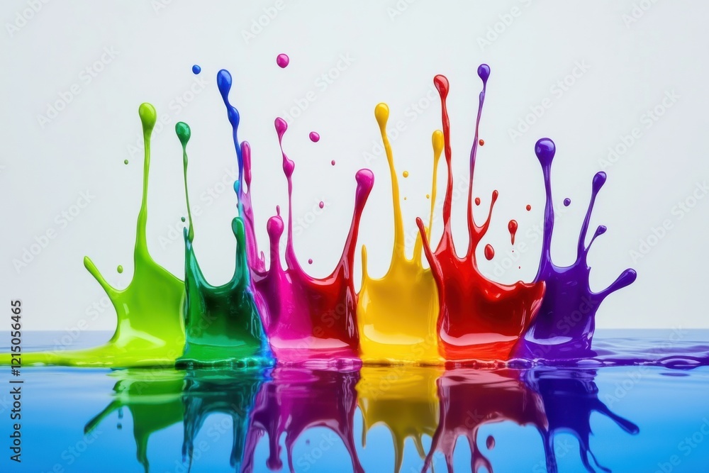 Poster colorful paint splashes create a vibrant artistic display in a dynamically lit studio setting