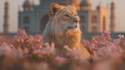 Majestic lion, Taj Mahal sunset, flower field, India, wildlife photography